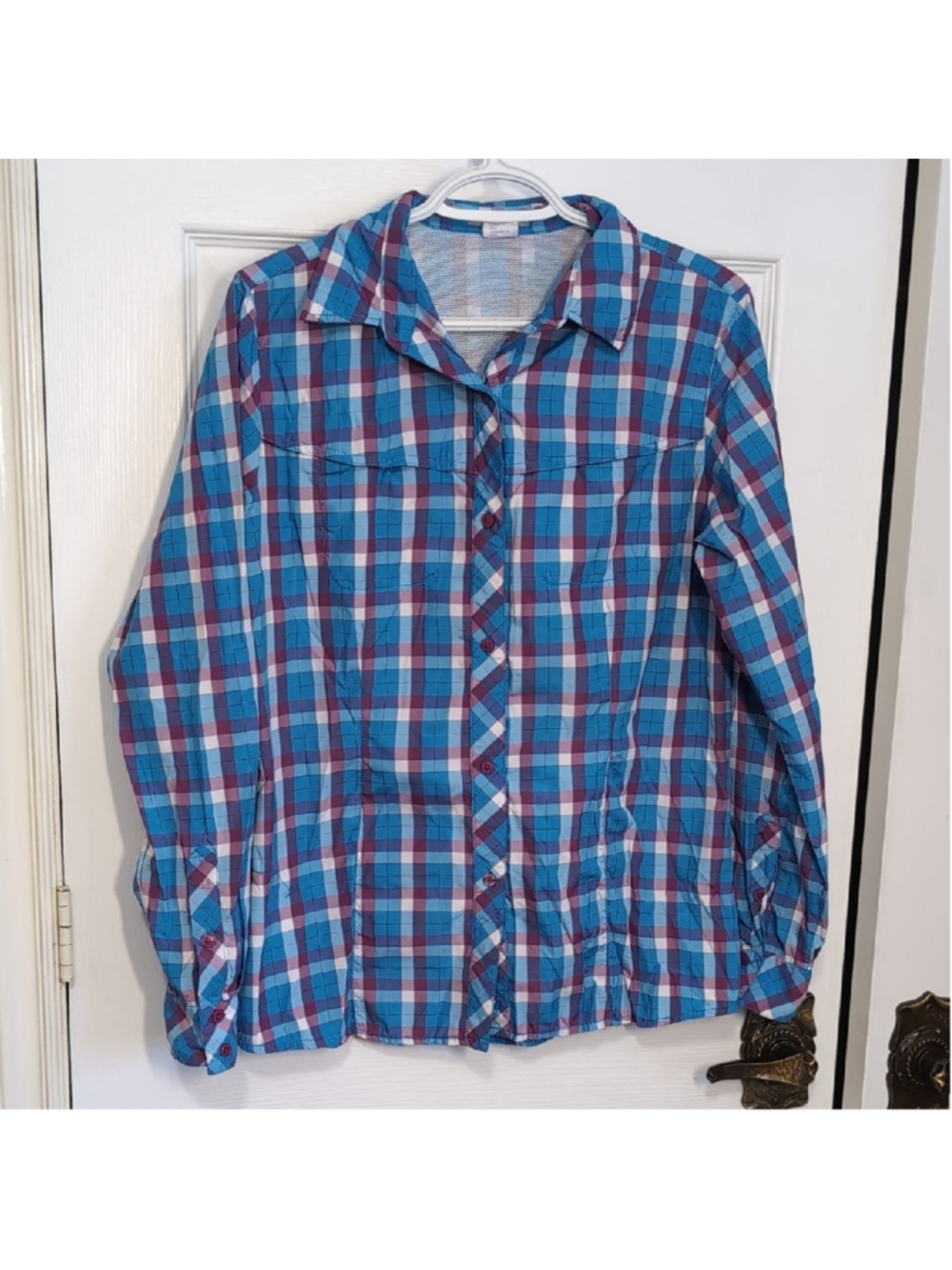 Columbia Insect Blocker Women's Purple and Blue Plaid Shirt Size Large